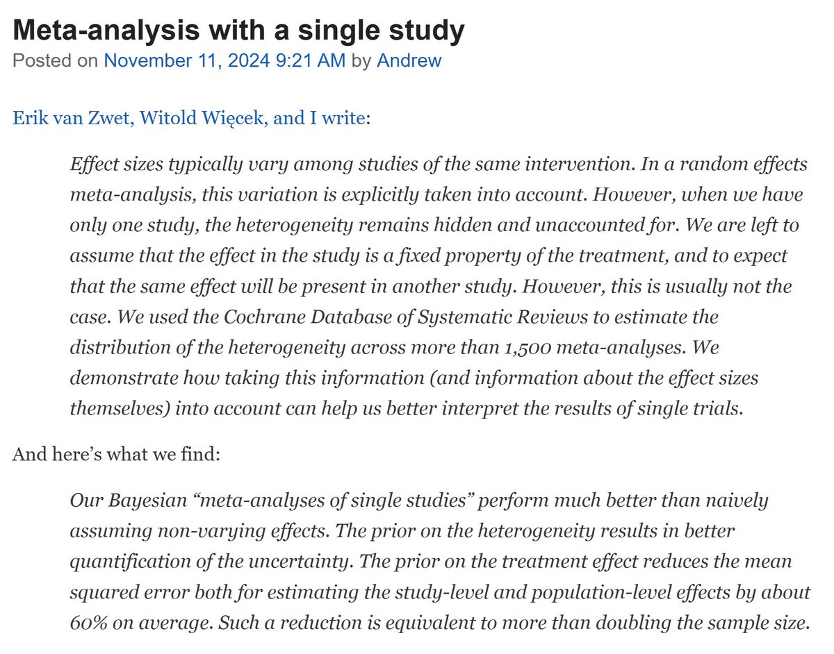 Witold Więcek 🇺🇦 (@vientsek) on Twitter photo Chat with Bayesian statisticians in your local area NOW and **DOUBLE** your RCT's effective sample size by using this ONE WEIRD TRICK. You won't believe the results!!!
new paper with <a href="/ErikVanZwet/">Erik van Zwet</a> & Andrew Gelman
statmodeling.stat.columbia.edu/2024/11/11/met… Chat with Bayesian statisticians in your local area NOW and **DOUBLE** your RCT's effective sample size by using this ONE WEIRD TRICK. You won't believe the results!!!
new paper with <a href="/ErikVanZwet/">Erik van Zwet</a> & Andrew Gelman
statmodeling.stat.columbia.edu/2024/11/11/met…