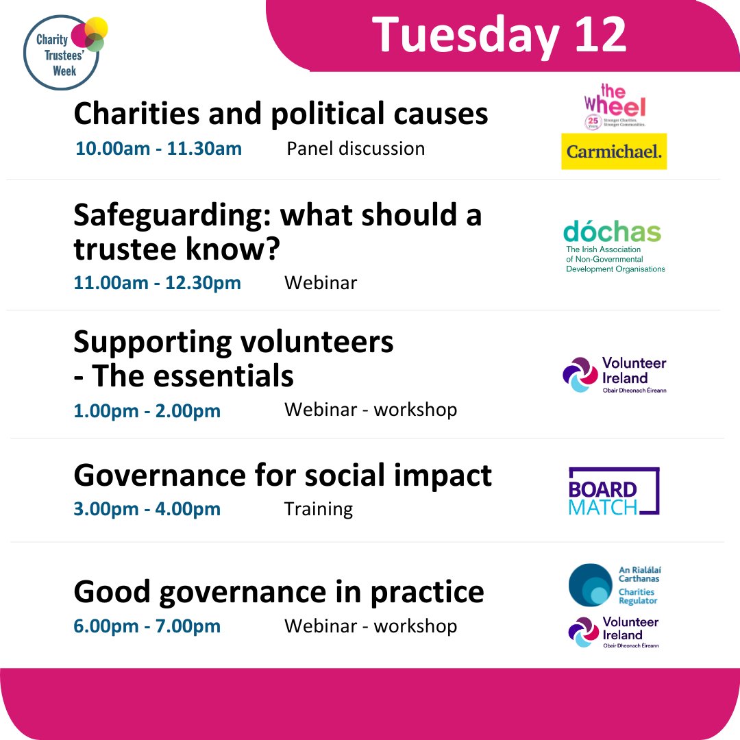 ✨Lots of free events on for day two of #TrusteesWeekIrl including our own event with <a href="/The_Wheel_IRL/">The Wheel</a> at 10.00am.
💻Book your spot 👇
charitiesregulator.ie/media/4773/ctw…