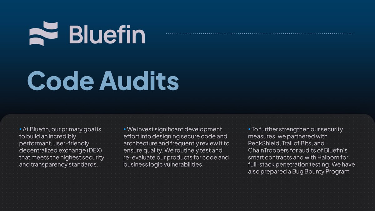 vlad_borisenko's tweet photo. Code Audits
1) At Bluefin, our primary goal is to build an incredibly performant, user-friendly decentralized exchange (DEX) that meets the highest security and transparency standards.

@bluefinapp
#bluefin #blue https://t.co/A9ATR6vtOP