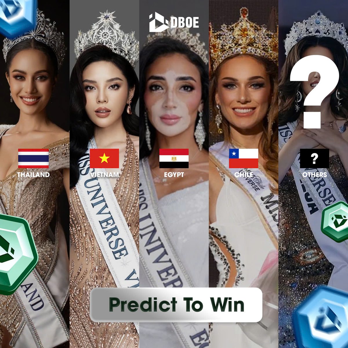 DBOE_Official's tweet photo. 🌐 Who will win The Most Fan Votes at Miss Universe 2024? 💫

Will it be a fan favorite from 🇹🇭 Thailand, 🇪🇬 Egypt, 🇻🇳 Vietnam, 🇨🇱Chile, or a surprise winner from “Others”? Cast your prediction and stake your wager for a chance to win big! 💸

🗓️ Deadline: Nov 15, 9:59 AM (GMT+8)

👉 Predict now: https://t.co/anjAk6H5yb

#MissUniverse2024 #FanFavorite #DBOE #PredictionGame