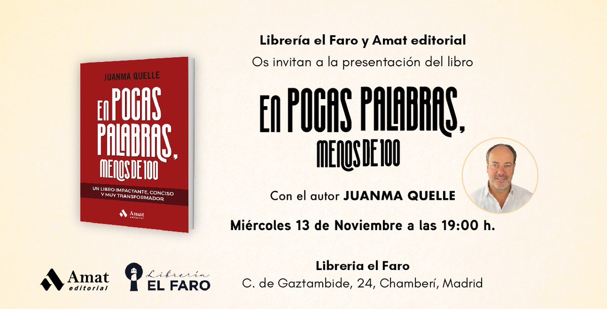 ¡Juanma Quelle presenta su nuevo libro en Madrid! 🙌🏻

¿Cuándo? Mañana, miércoles 13 de noviembre a las 19h

¿Dónde? En Librería El Faro (Chamberí)

¿Qué no puedes hacer? Perdértelo