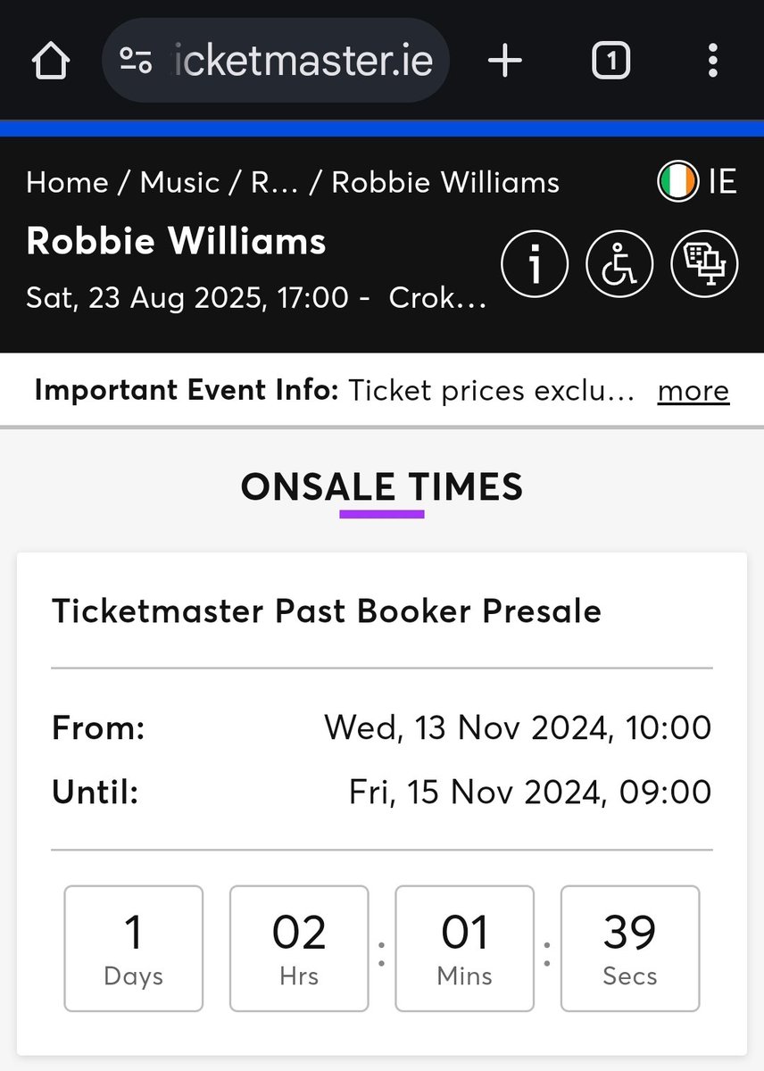 MrsFitz09's tweet photo. @TicketmasterIre  what is the past Booker presale? #RobbieWilliams https://t.co/Dicl6jXrPg
