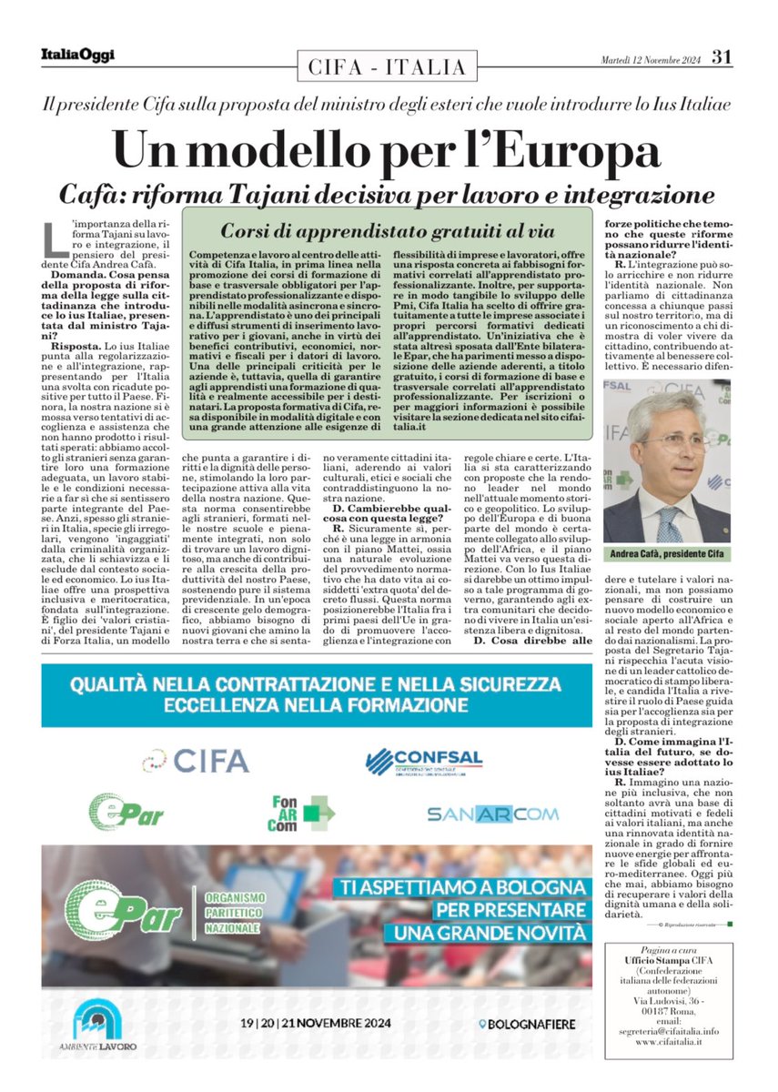 “L'integrazione può solo arricchire, non ridurre l'identità nazionale”.

Su <a href="/ItaliaOggi/">ItaliaOggi</a>, condivido la mia visione sulla riforma #iusitaliae proposta dal Ministro <a href="/Antonio_Tajani/">Antonio Tajani</a> che, insieme al #PianoMattei, farà dell'Italia un modello di integrazione in #europa.

#cifaitalia