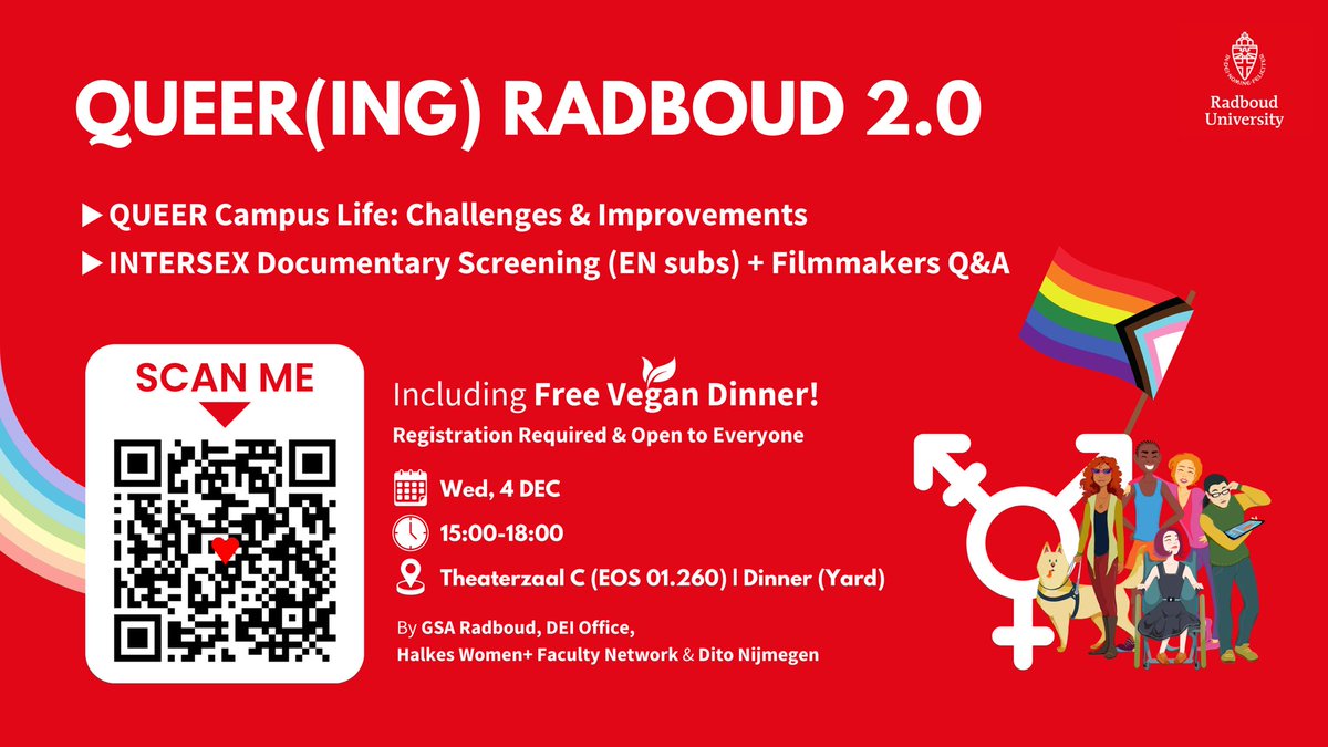 🌈 Save the date for QUEER(ING) RADBOUD 2.0! Enjoy a screening of the "Intersex" documentary (with EN subtitles), a Q&amp;A with the filmmakers, and a free vegan dinner! Hosted by GSA Radboud, DEI Office, Halkes Women+ Faculty Network &amp; Dito Nijmegen. Open to all!