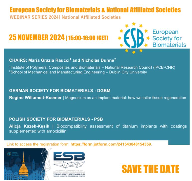 European Society for Biomaterials (@esbiomaterials) on Twitter photo Announcement ๐ข: Come join us for the next <a href="/ESBiomaterials/">European Society for Biomaterials</a> webinar on 25th of Nov. 2024 at 15:00 CET.
We are delighted to have Regine Willumeit-Roemer (DGBM) & Alicja Kazek-Kesik (PSB) speak about their metal-based research.
Register for the webinar via the jotform weblink๐ Announcement ๐ข: Come join us for the next <a href="/ESBiomaterials/">European Society for Biomaterials</a> webinar on 25th of Nov. 2024 at 15:00 CET.
We are delighted to have Regine Willumeit-Roemer (DGBM) & Alicja Kazek-Kesik (PSB) speak about their metal-based research.
Register for the webinar via the jotform weblink๐