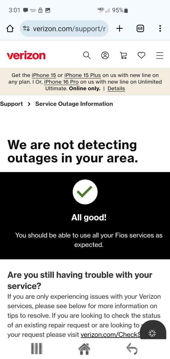 LittleCrunchy's tweet image. Massive outage still going on here in Maryland with #fios - again. No worries, this time just like last time thier page says there no issue.... #lies