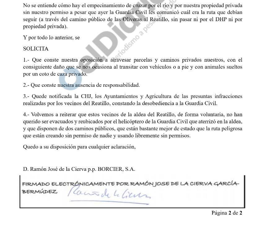 CARTA de la prima del Rey, Marquesa de Borbón y Rojas, noble y multimillonaria, protestando a las autoridades para que la plebe del pueblo que ha quedado sin puente por la riada no pase por su finca. Son asquerosos y miserables y siempre lo serán. De <a href="/eldiarioes/">elDiario.es</a>