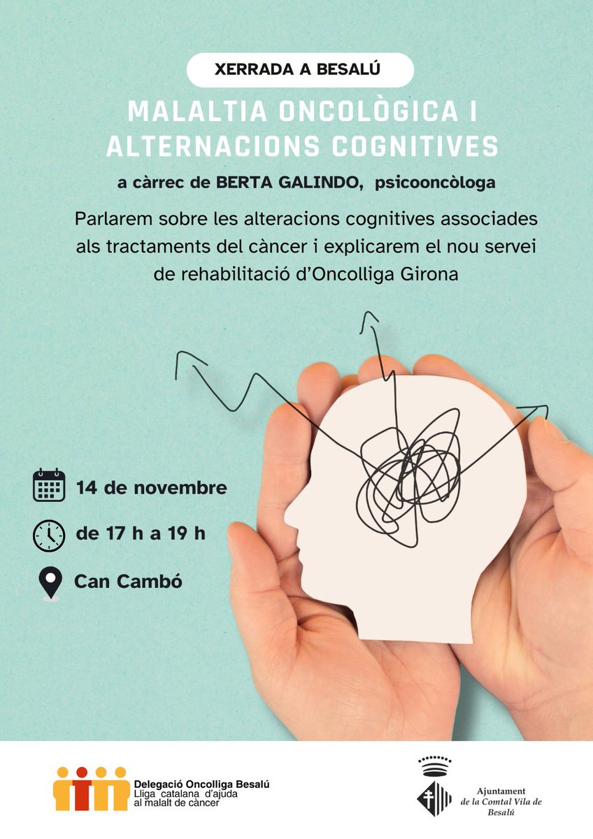 Xerrada sobre com les malalties oncològiques i els seus tractaments poden afectar la cognició i la memòria, i quines estratègies poden ajudar a gestionar aquests canvis.

<a href="/bertagv14/">Berta Galindo Vayreda</a> <a href="/Aj_Besalu/">Ajuntament de Besalú</a> <a href="/manas_serra/">IRENE MAÑAS SERRA</a> <a href="/OncolligaGi/">Oncolliga Girona</a> 

#SalutMental #SuportAlsPacients #OncologiaCognitiva