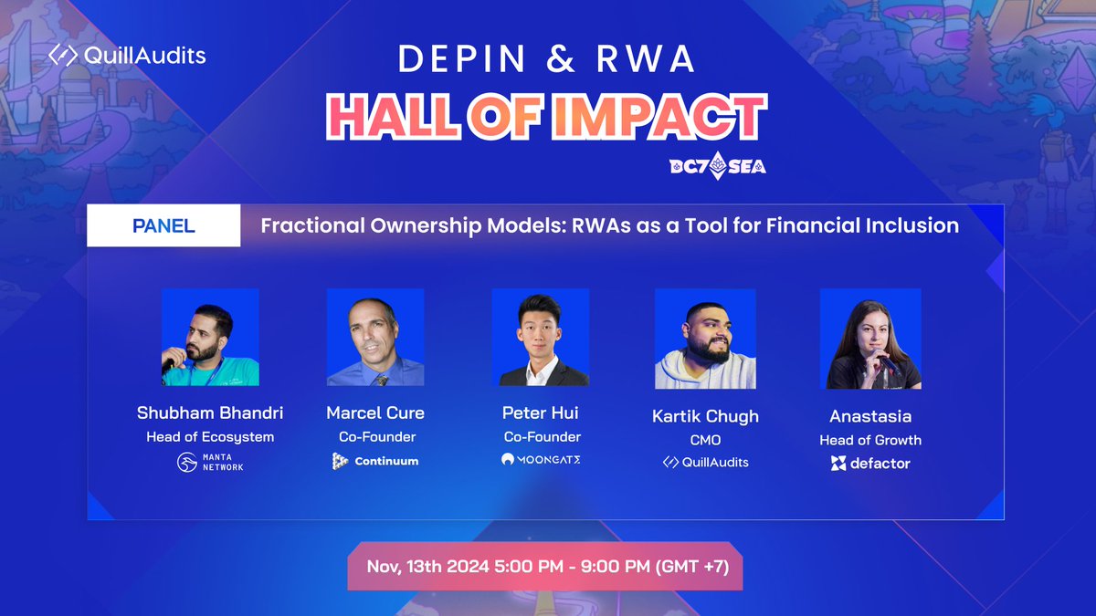Curious how RWAs are reshaping wealth distribution in Web3? 🤔

Get ready for the brain-melting panel we've lined up at the DePIN &amp; RWA Hall of Impact!

Topic: 'Fractional Ownership Models: RWAs as a Tool for Financial Inclusion'

We have a star-studded lineup for the panel