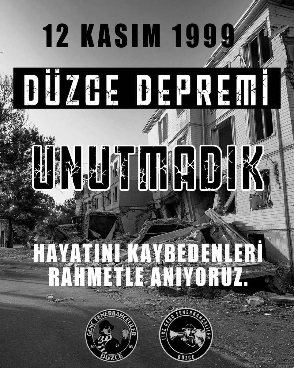 Kentimizi derinden etkileyen 7.2’lik deprem felaketinde yaşamını yitiren vatandaşlarımızı büyük acının 25. Yılında rahmetle yâd ediyoruz… 

#düzce #12kasım1999 #gfb81  #deprem #Fenerbahce
