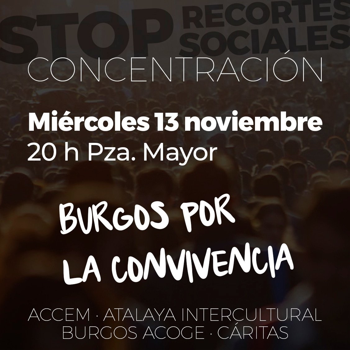 🚨Desde Cáritas animamos a voluntarios, participantes y técnicos, y a la ciudadanía en general, a participar en la concentración de mañana, miércoles, a las 20:00 h, en la Plaza Mayor, junto a <a href="/Accem_ong/">Accem</a>, <a href="/AtalayaInt/">AtalayaIntercultural</a> y <a href="/burgosacoge/">Burgos Acoge</a>.