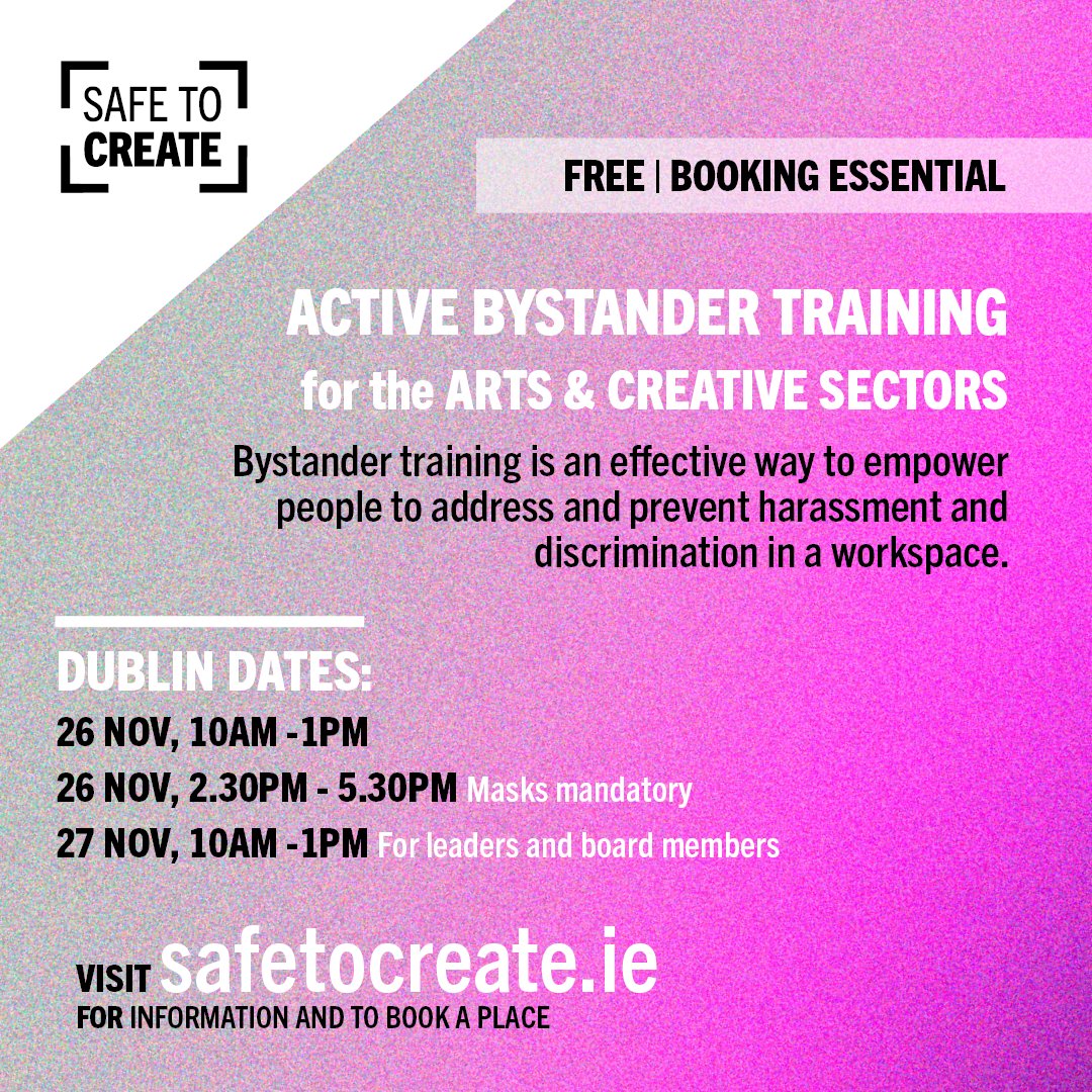 safetocreate_ie's tweet image. Active Bystander Training 
for the Arts &amp;amp; Creative Sectors 
#DUBLIN DATES 
#Free, register to attend
🔎An effective way to empower people to address and prevent harassment and discrimination in a workspace. 
🎟️Book your place now:
loom.ly/-_rpsvY