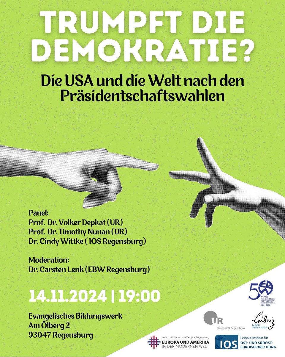 Leibniz-Institut für Ost- & Südosteuropaforschung (@leibnizios) on Twitter photo Die 🇺🇸 Präsidentschaftswahlen werden weitreichende Folgen haben - nicht nur für die USA. Welche Auswirkungen sind für Europa, #Ukraine & den Nahen Osten zu erwarten? Paneldiskussion u .a. mit <a href="/cindy_wittke/">Cindy Wittke</a> (#LeibnizIOS).
🗓️ 14. Nov | 19:00 | Regensburg
➡️ leibniz-ios.de/veranstaltunge… Die 🇺🇸 Präsidentschaftswahlen werden weitreichende Folgen haben - nicht nur für die USA. Welche Auswirkungen sind für Europa, #Ukraine & den Nahen Osten zu erwarten? Paneldiskussion u .a. mit <a href="/cindy_wittke/">Cindy Wittke</a> (#LeibnizIOS).
🗓️ 14. Nov | 19:00 | Regensburg
➡️ leibniz-ios.de/veranstaltunge…