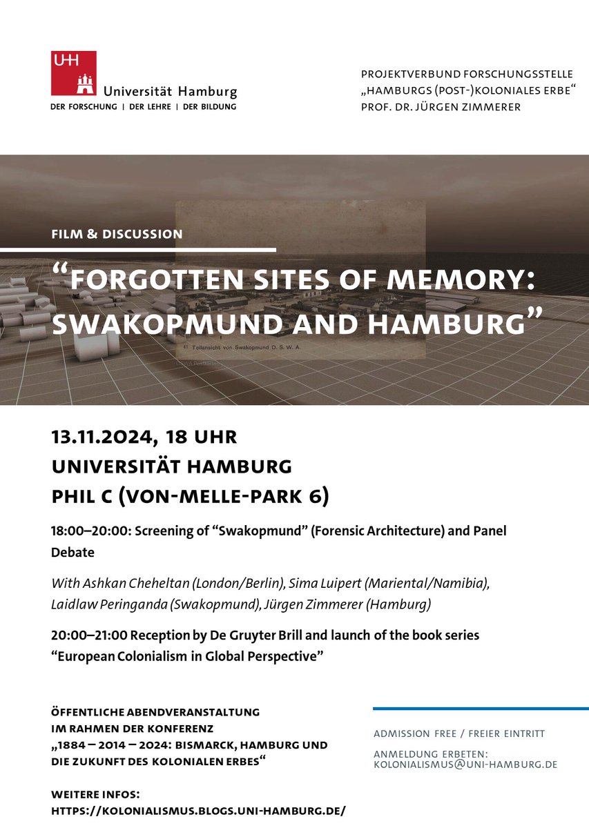 Konf: "1884 – 2014 – 2024: Bismarck, Hamburg und die Zukunft des kolonialen Erbes"
Morgen beginnen wir unsere letzte Tagung mit dem Ausleuchten der verbundenen Geschichte von Swakopmund und Hamburg.
<a href="/coloniallegacy/">Koloniales Erbe</a>

Kommen Sie doch vorbei!

Mi. 13.11. 18:00 Eintritt frei