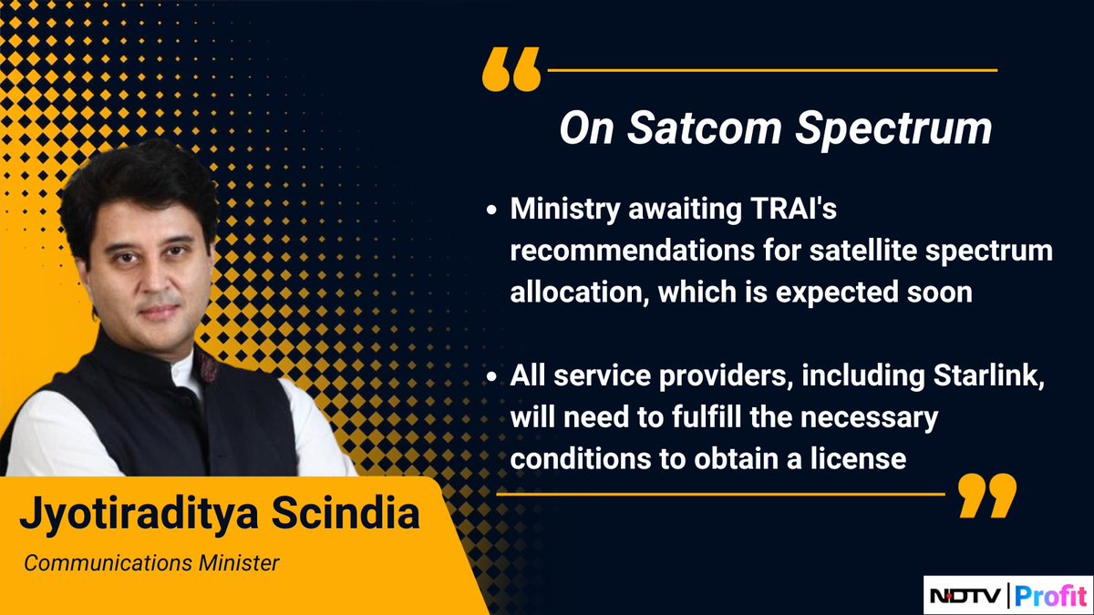 NDTVProfitIndia's tweet photo. No exceptions, every service provider, even#Starlink has to follow the conditions and obtain license, says Jyotiraditya Scindia on #SatcomSpectrum.
For the latest news and updates, visit: https://t.co/by4FF5o0Ew https://t.co/ByLi6AEtV8