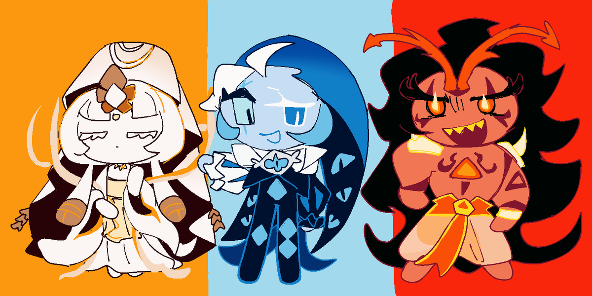 bubblefish30's tweet photo. 💛💙❤️
#cookierunkingdom
#mysticflourcookie #shadowmilkcookie #burningspicecookie https://t.co/deqqEjaZtL