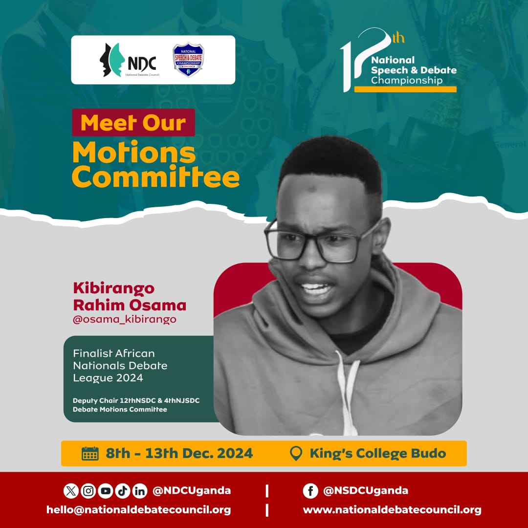 National Debate Council, Uganda (NDC) (@ndcuganda) on Twitter photo This is Kibirango Rahim Osama <a href="/osama_kibirango/">kibirango osama</a>, a finalist at the #ANDL2024 and a member of the #12thNSDC & #4thNJSDC Motions Committee.
As a Deputy Chair on this committee, Rahim's insights and passion ensure motions that challenge even the best.
#NSDC24 #DebateUganda This is Kibirango Rahim Osama <a href="/osama_kibirango/">kibirango osama</a>, a finalist at the #ANDL2024 and a member of the #12thNSDC & #4thNJSDC Motions Committee.
As a Deputy Chair on this committee, Rahim's insights and passion ensure motions that challenge even the best.
#NSDC24 #DebateUganda