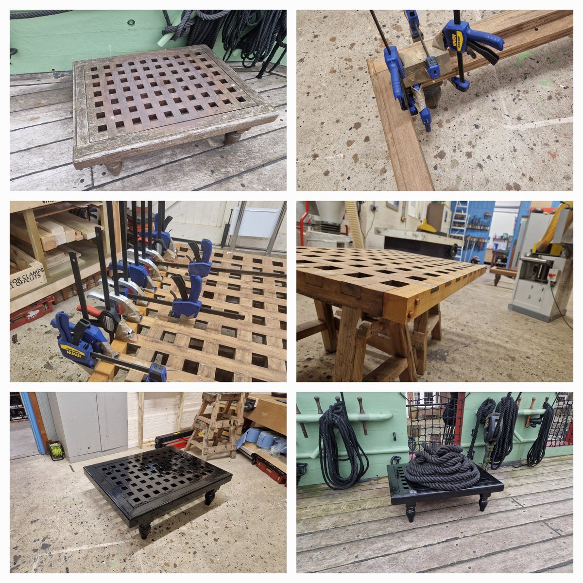 Before and after. The final coat of paint went on the restored rope table yesterday, and this morning , I put it back on the ship. My rope work isn't amazing, but I am a shipwright, not a rigger! #Shipwright #Boatbuilding #Joinery #Painting #Skills #Hartlepool