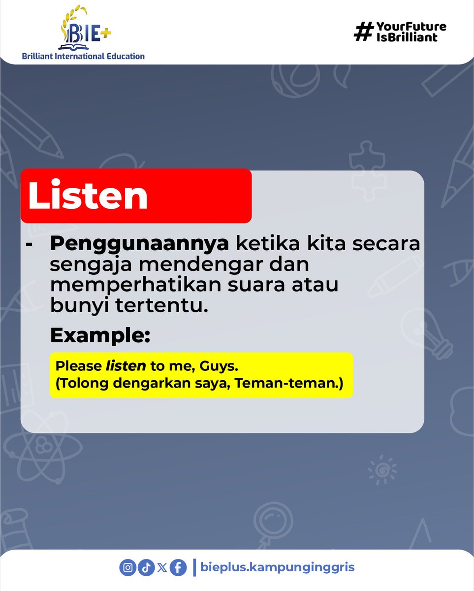 biepluspare's tweet photo. Bedanya Hear sama listen? 🤔
Kira-kira, apa nih jawaban BieFriends? ✨

#bieplus #yourfutureisbrilliant #englishcourse #englishclass #kampunginggris #grammar #englishvocabulary #englishlearning #bahasainggrismudah #kampunginggrispare https://t.co/3kigjLOj5E