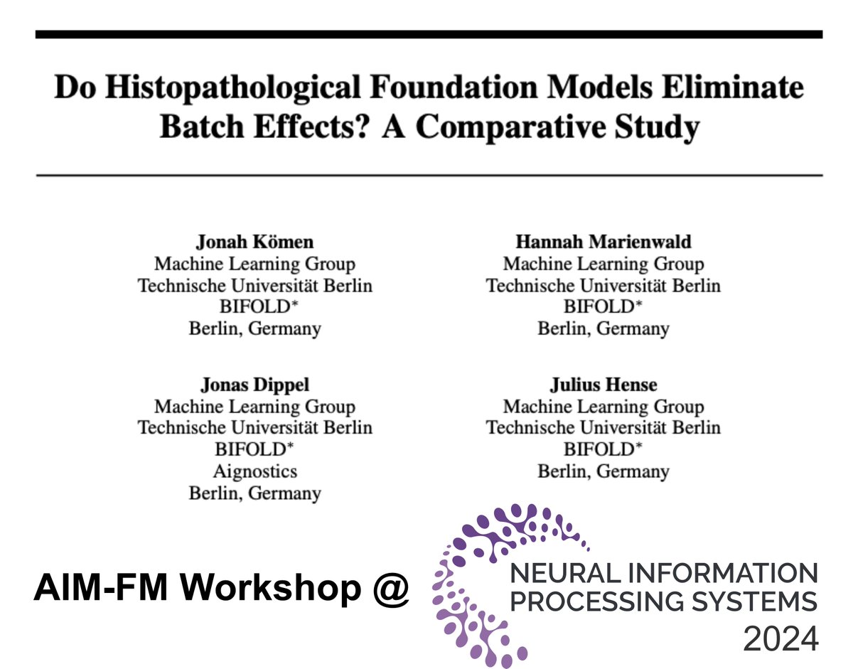 Julius Hense (@hense96) on Twitter photo ❓ Do histopathological foundation models eliminate batch effects? ❓
The surprisingly clear answer is: they do not!
Find out more in our new paper that we will present at the AIM-FM Workshop at <a href="/NeurIPSConf/">NeurIPS Conference</a>.
Link: arxiv.org/abs/2411.05489 ❓ Do histopathological foundation models eliminate batch effects? ❓
The surprisingly clear answer is: they do not!
Find out more in our new paper that we will present at the AIM-FM Workshop at <a href="/NeurIPSConf/">NeurIPS Conference</a>.
Link: arxiv.org/abs/2411.05489