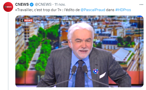 Pascal Praud :
4h30 d'émission par jour
2 mois de vacances l'été
Une bonne partie des vacances scolaires
Ne travaille pas le vendredi après midi

Le cul vissé sur un tabouret au chaud autour d'un bar pour des discussions de comptoir.

<a href="/PascalPraud/">Pascal Praud</a>, c'est pas trop dur pour vous ?