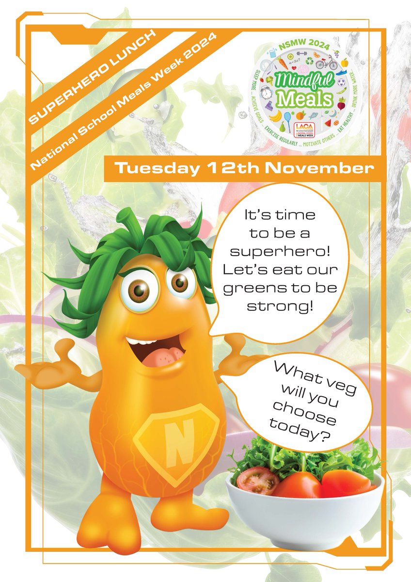 National School Meals Week!

Today is the day for our Superhero Lunch

Nia is here to remind you that eating your greens make you strong

What will you choose from the salad bar today?

<a href="/LACA_UK/">The School Food People</a> 
#mindfulmeals #NSMW24 #LACA #contractcatering