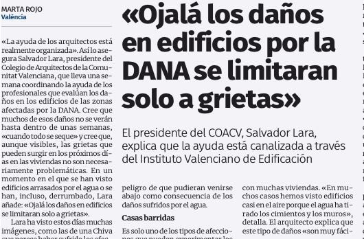 Entrevista al Decano del COACV, Salvador Lara en <a href="/levante_emv/">Levante-EMV</a> 

“Los arquitectos tenemos nuestro papel fundamental en esta catástrofe en la Unidad Básica de Evaluación de Daños, cuyos trabajos coordina <a href="/Fundacion_IVE/">IVE | Instituto Valenciano de la Edificación</a>”

Léela👇
levante-emv.com/comunitat-vale…