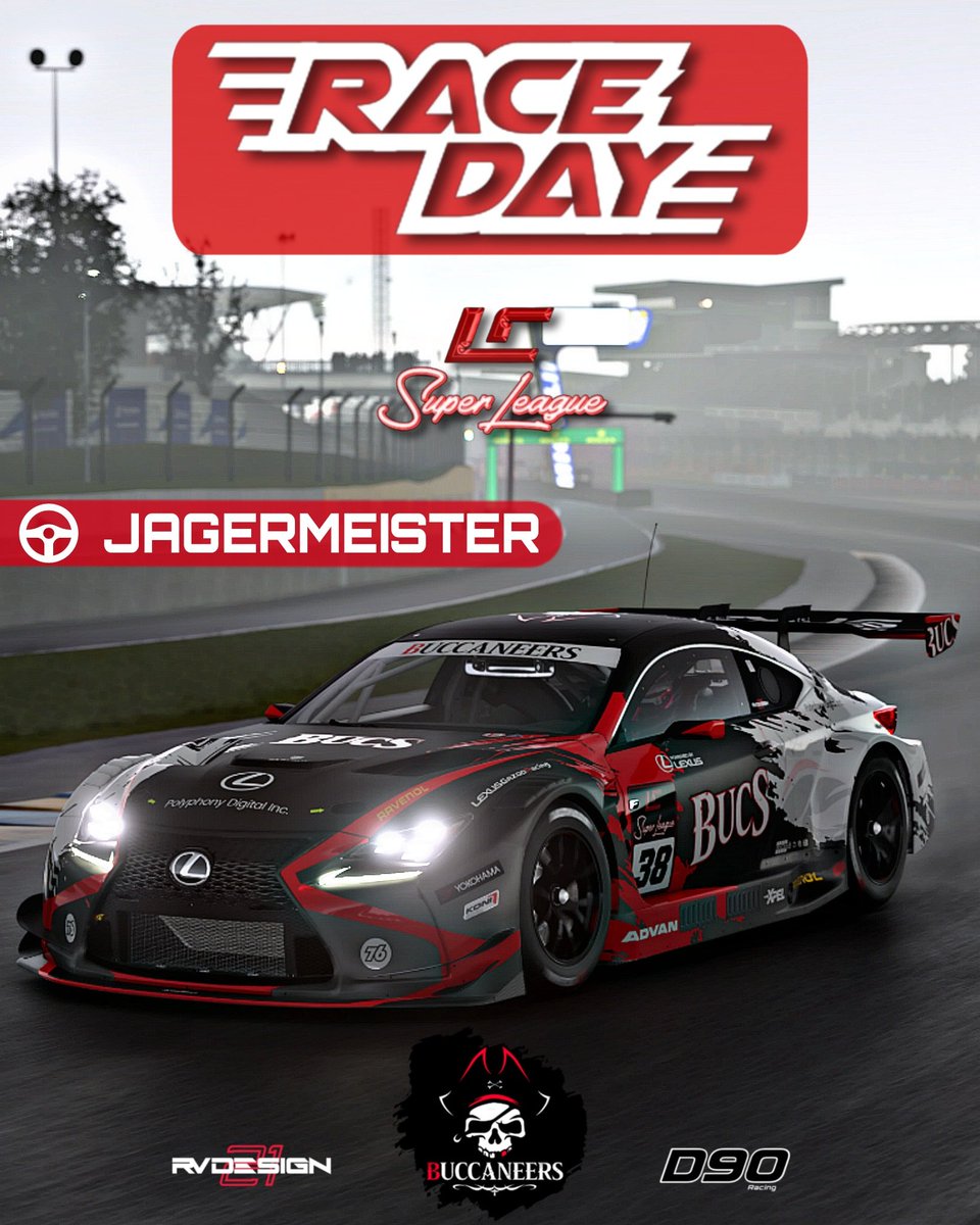 ((( RACE DAY ))) 

Volvemos a la pista, esta vez toca la ronda 5 carrera (bonus) bajo la lluvia 🌧️.

🏁 | LC Superleague

🏆 | <a href="/community_lc/">LC Community</a> 
⏱️ | 21:00
📍| Le Mans 🇫🇷 (Bonus)
🏎 | Lexus RC F Gr3
🕹️ | <a href="/GT_Jagermeister/">Jagermeister</a>
👨‍🎨 | <a href="/RV21_Design/">Gipsy jr.</a>

#GOBucS !!! 💪🏻🏴‍☠️