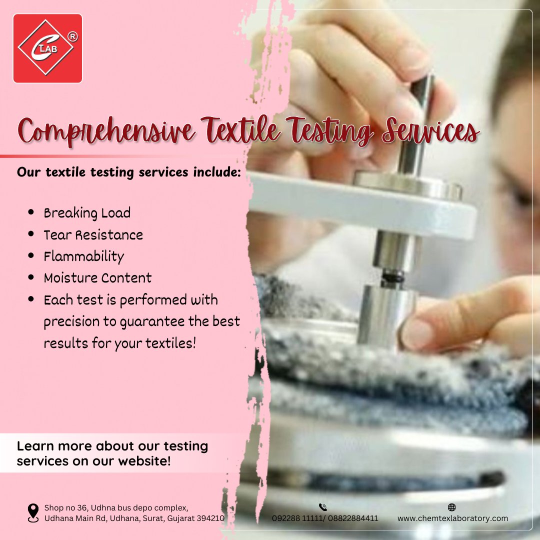 Chemtexlab_1's tweet image. Best Yarn Testing and Fabric Testing Services in Surat –Comprehensive Solutions for Textile Testing Services 

#ChemTexLaboratory #BestFabricTestingLaboratory #BestYarnDevelopmentLab #FlammabilityTesting #TearResistance #BestYarnTestingLab #YarnDevelopment #YarnTesting #Surat