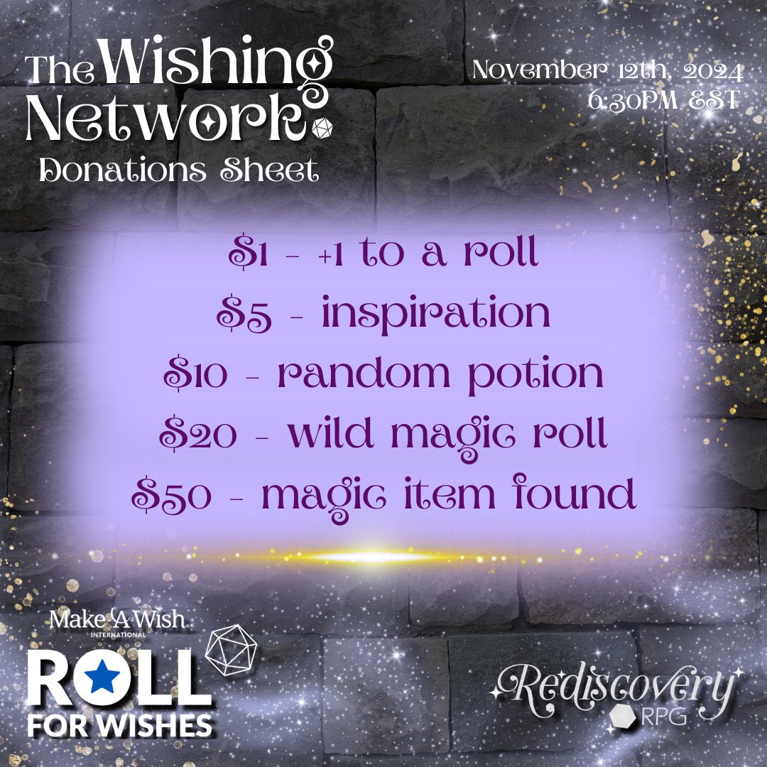 Tomorrow (Tuesday) at 6:30 EST, I'll be playing in The Wishing Network as part of Make-a-Wish's Roll for Wishes, GM'd by the magnificent <a href="/MoxxieBlue/">Mallorie Mize</a> 

Donations will help the players in-game (or cause some chaos in the form of wild magic) and also help sick kids in real life.