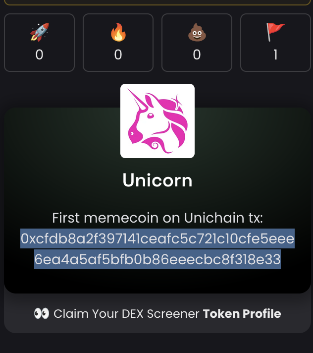 0x8483's tweet photo. i blv this was the first coin deployed on unichain

tx hash from dexscreener description, used to find block and timestamp mined: 0xcfdb8a2f397141ceafc5c721c10cfe5eee6ea4a5af5bfb0b86eeecbc8f318e33

block number 0x7e6a9
hex timestamp 0x67310670
Sunday, 10 November 2024 19:16:00 https://t.co/NmGAlGZhnc