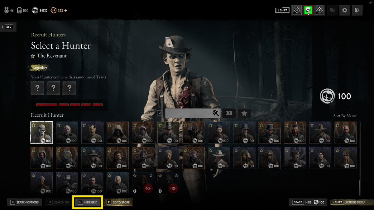Ah yes, I love pointless buttons in the <a href="/HuntShowdown/">Hunt: Showdown</a> UI. When you click this one and try and zoom in to look at a hunter, the scroll wheel just changes the model to another one in the same column...you know...instead of zooming. Also, every Hunter's bio is now just...gone.🤡🤡