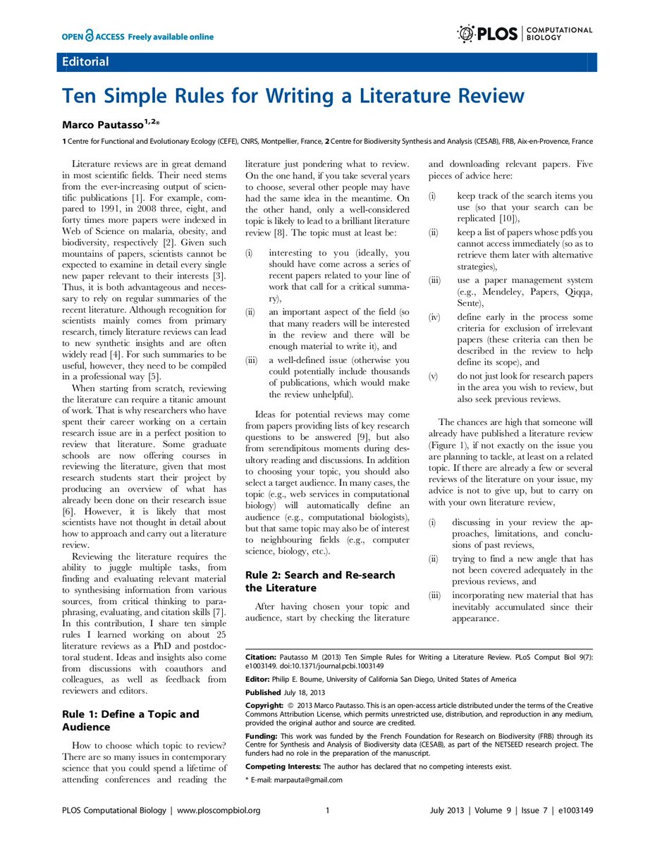 Ten Simple Rules for Writing a Literature Review (1/4)