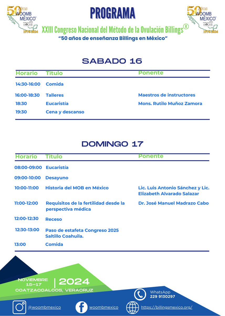 BillingsMexico's tweet photo. Compartimos el programa de nuestro congreso actualizado. 
Costo por congresista: 800.00 pesos
Niños y adolescentes no pagan.
Costo de la habitación en la sede: 3,000.00 pesos
Hospedaje con alguna familia: sin costo.
#XXIIICongresoNacionalWOOMBMEXICO #MetododelaOvulacionBillings https://t.co/Ucs7volFPg