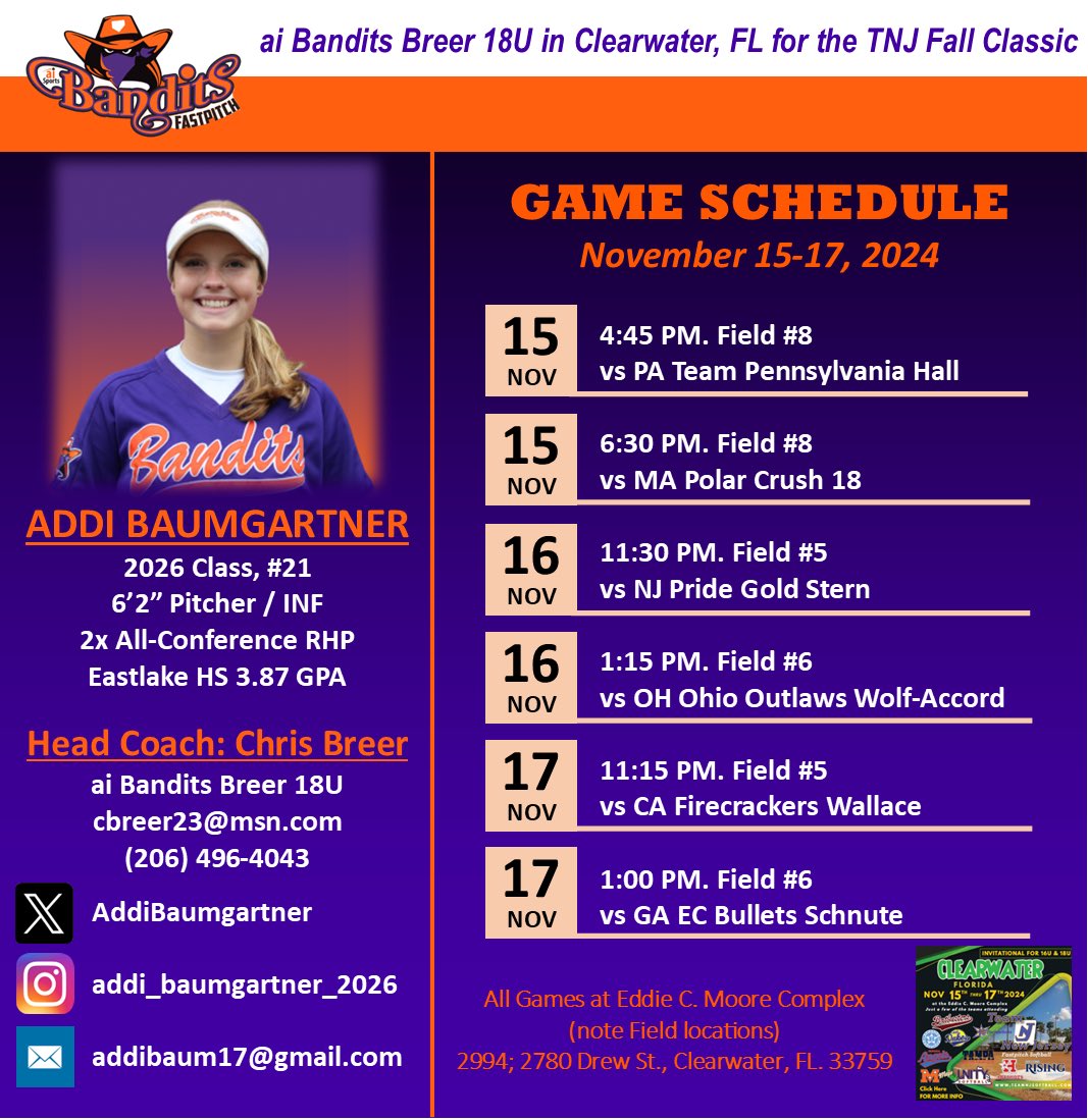 Florida here we come! Excited to play in the TNJ Fall Classic in Clearwater, FL this weekend! <a href="/aibanditsbreer/">ai Bandits Breer</a> <a href="/CoastRecruitsSB/">Coast Recruits 🥎</a> <a href="/thealliancefp/">The Alliance Fastpitch</a> <a href="/ExtraInningSB/">EXTRA INNING SOFTBALL</a> <a href="/ondecksoftball/">OnDeck Softball 🥎</a> <a href="/TeamNJSoftball/">Team NJ Softball</a>