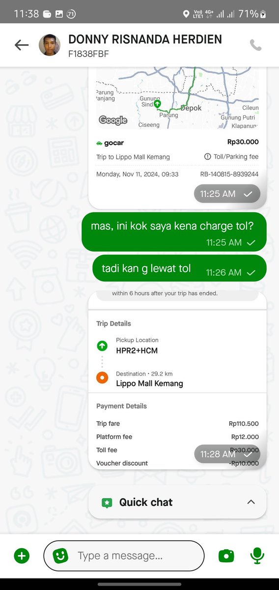 blackened_jack's tweet photo. @gojekindonesia 

Saya baru aja kemarin tgl 11 Nov 2024 mengalami hal tdk enak. Saya pesan Go car dg tujuan Kemang Mall Jaksel dr Gunung Sindur. Supir bertanya mau lewat mana, saya bilang terserah masnya aja. Akhirnya supir ambil jalan non tol. Saya enjoy aja, toh tarif sama. https://t.co/IF4mjuh3Lq
