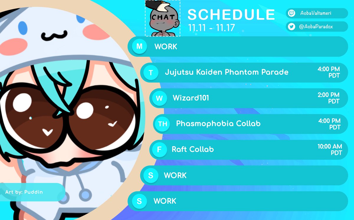 AobaValtameri's tweet photo. Here is this week’s stream schedule! :3 This week is buuuusy. Art by Puddin. 

#Twitch #Vtuber https://t.co/ir4RcIw5Jq