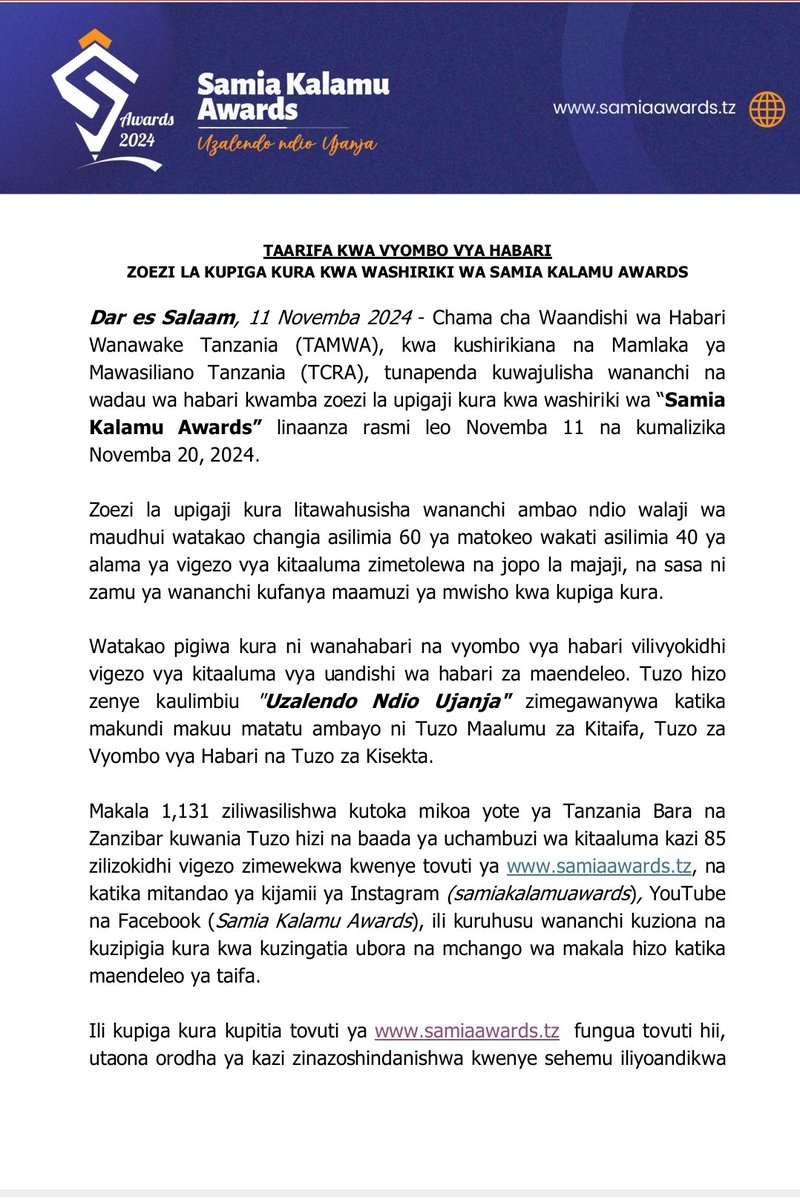 TAMWA_'s tweet photo. Zoezi la kupiga kura za Samia Kalamu Awards tayari limeshaanza. #promotinglocalcontent #UzalendoNdioUjanja #SamiaKalamuAwards2024 https://t.co/Tc4BBDJg7k