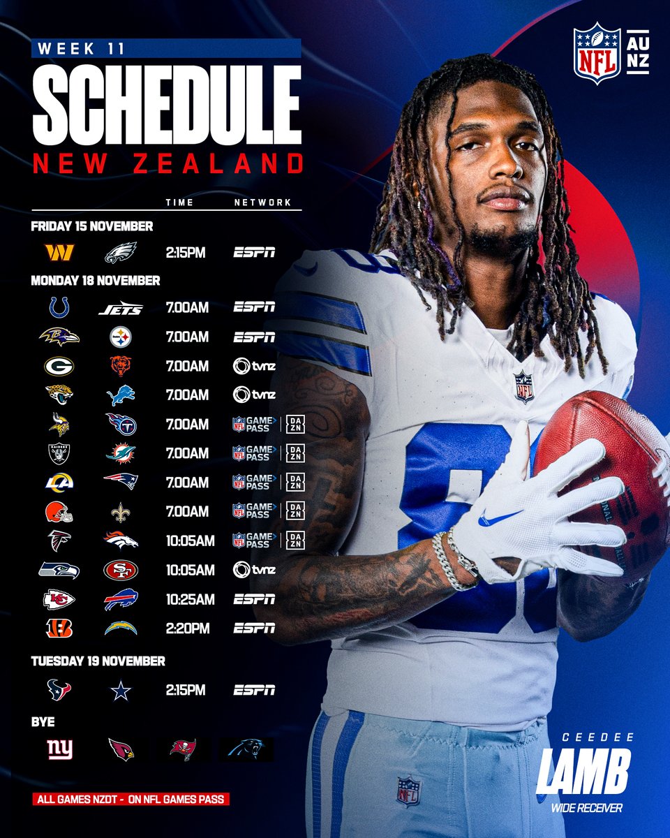 NFL Australia & NZ (@nflaunz) on Twitter photo What a Week 11 we have in store, Kiwi fans βΌοΈπ³πΏ
Reply, share and comment with what you are looking forward to the most this week.
πΊ: <a href="/ESPNAusNZ/">ESPN Australia & NZ</a> <a href="/TVNZ/">TVNZ+</a> <a href="/NFLonDAZN/">NFL on DAZN</a> What a Week 11 we have in store, Kiwi fans βΌοΈπ³πΏ
Reply, share and comment with what you are looking forward to the most this week.
πΊ: <a href="/ESPNAusNZ/">ESPN Australia & NZ</a> <a href="/TVNZ/">TVNZ+</a> <a href="/NFLonDAZN/">NFL on DAZN</a>
