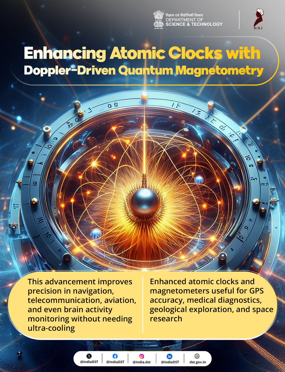 A team of experimentalists working with cold Rydberg atoms have used Quantum magnetometry to help atomic clocks &amp; magnetometers used for precise time keeping in navigation, telecommunication &amp; aviation.

<a href="/DrJitendraSingh/">Dr Jitendra Singh</a> <a href="/karandi65/">Abhay Karandikar</a> <a href="/RRI_Bangalore/">Raman Research Institute</a> 
🔗dst.gov.in/towards-more-p…
