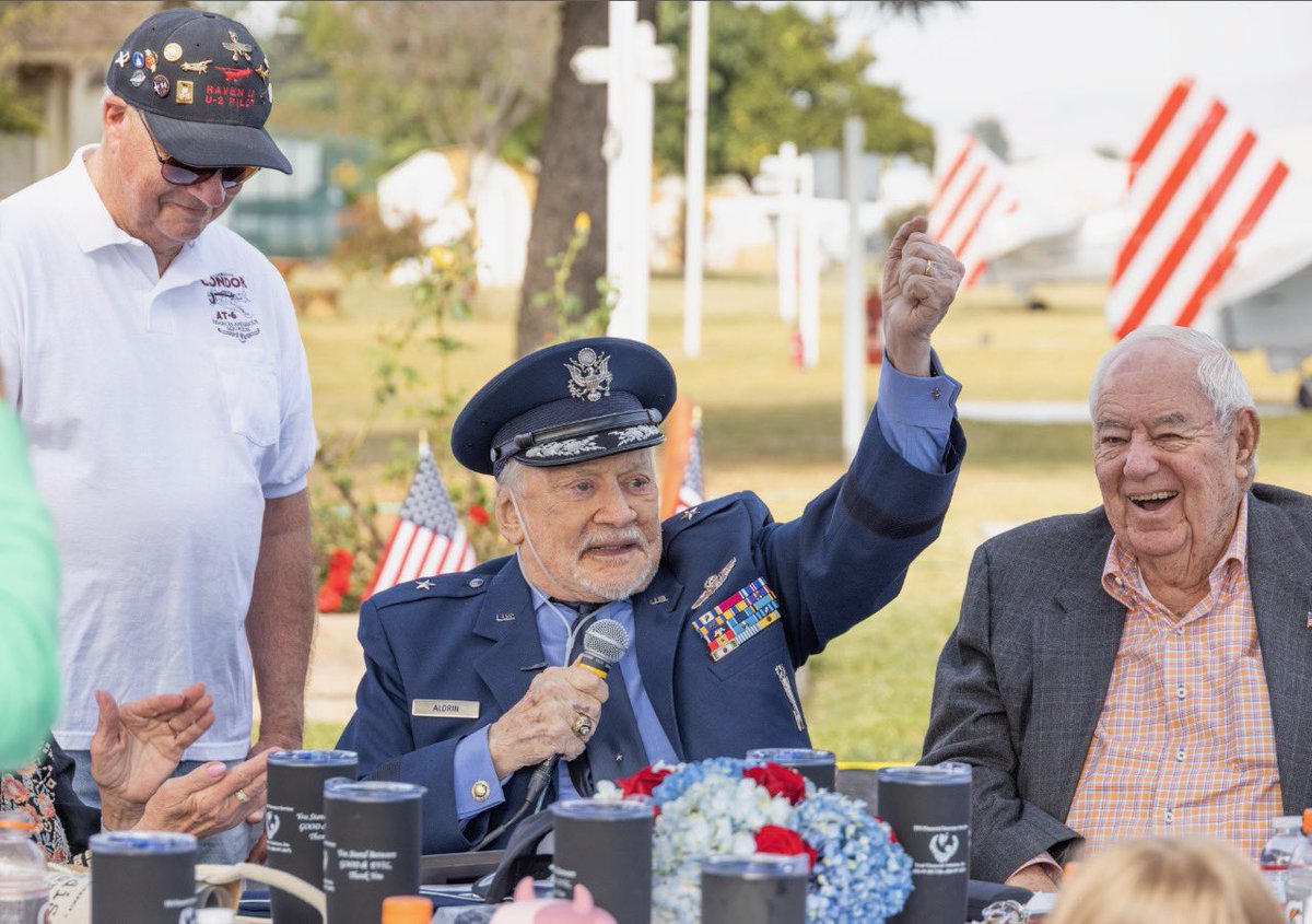 TheRealBuzz's tweet photo. My family and I celebrated #VeteransDay today at the @CondorSquadron where I was honored to be inducted a member. 
Thank you for this honor. Veterans Day is always special.  On this day we stop to honor those in uniform, who serve us in America’s Armed Forces – who understand freedom, honor, duty, and what it means to defend our country. Without these Americans and their supportive families, we would have no freedoms. America’s way of life is challenged every day, and defended every day.  So, today, we say thank you, and I say thank you to all our veterans. For myself, I graduated West Point in 1951, third in my class, and headed for Korea. By God’s grace, I shot down two MIG-15s and got back home… began supporting space activities in the US Air Force, eventually travelled to the moon with Neil and Mike. For all of that, I am grateful – especially to the veterans I served with. But the message I want to leave you with today is forward looking. We need to keep teaching our history, what it means to be a veteran, how important that job is. Freedom rests on what Shakespeare called “the happy few,” those who know what freedom and sacrifice mean, who rise when they are called, who step up, and who believe in the ideas that have gotten us to this point, freedom, honor, duty, and selfless service. Today, I salute our veterans. Happy Veterans Day!

Photos: Jerry Cowart of the Condor Squadron;
Video: Anca Aldrin