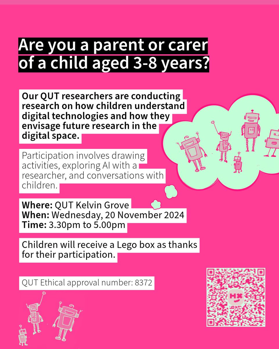 Are you a parent/carer of a child aged 3-8 years? Our QUT researchers are conducting research on how children understand digital technologies

Children will receive a Lego box to thank them for their participation.

events.humanitix.com/children-s-for…