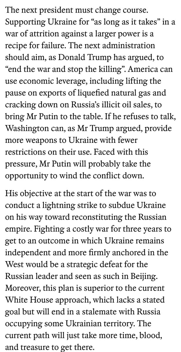 Trump’s incoming national security advisor <a href="/michaelgwaltz/">Ambassador Mike Waltz</a> and <a href="/MatthewKroenig/">Matthew Kroenig</a> on Ukraine policy, in their recent <a href="/TheEconomist/">The Economist</a> piece ⬇️ Not a comforting choice for Putin.