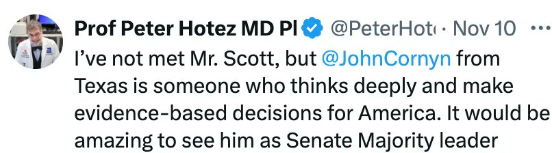 MidwesternDoc's tweet image. If one of the architects of the COVID disaster and the war on free speech endorses John Cornyn, he's probably not the right person to the lead the Senate and Make America Healthy Again.
