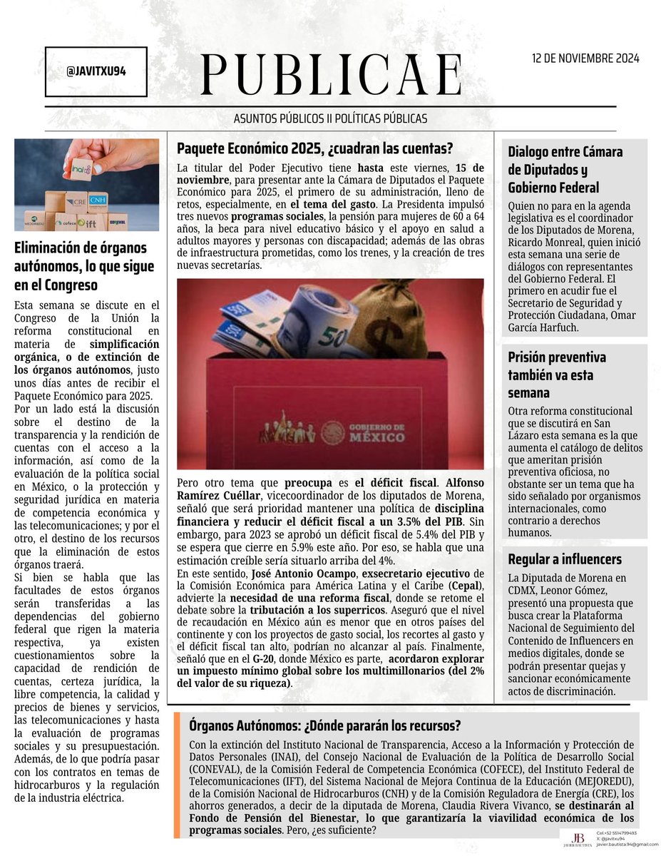 javitxu94's tweet photo. 📊 Paquete Económico 2025, ¿cuadran las cuentas?: programas sociales, déficit fiscal, ¿necesidad de una reforma fiscal?
🗓 Lo que sigue en el Congreso: eliminación de los #ÓrganosAutónomos, #PrisiónPreventiva
🤳 Regular influencers en #CDMX https://t.co/z9wCHm0Yxv