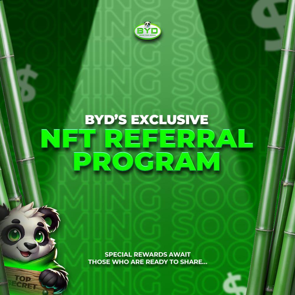 🐼✨ Psst… BYD Fam, something big is on the horizon! ✨🐼

Get ready for the BYD NFT Referral Program and a chance to earn as you share. Rumor has it there’s up to 10% commission on the table…and maybe even some treats for the first to dive in. 👀 Stay tuned for the full