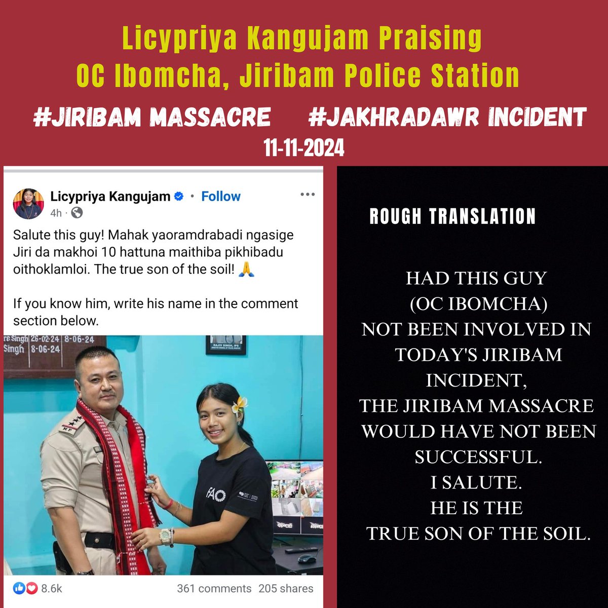 Sumkawn's tweet photo. The so-called Meitei climate activist Licypriya @LicypriyaK revealed that not just @crpfindia, but the Manipur Police commando also took an active role in #JiribamMassacre. Also, she exposed herself to openly celebrating the death of 11 Hmar Village volunteers on November 11.
 
This is the Facebook URL
https://t.co/VK27Y4UUyN

@MIB_India @CBIHeadquarters
@UNDPClimate @UNFCCC @UNEP @uncclearn @GlobalGoalsUN @RanaAyyub @dhruv_rathee @HansrajMeena @Chhotu_Vasava @jeegujja @JournoAshutosh @sardesairajdeep @SushantSin @SupriyaShrinate @palkisu @vijaita @angshuman_ch @sangbarooahpish @Tamal0401 @VishuAdv @vishalarora_in @Kiaraa_jain @official_dgar @Spearcorps