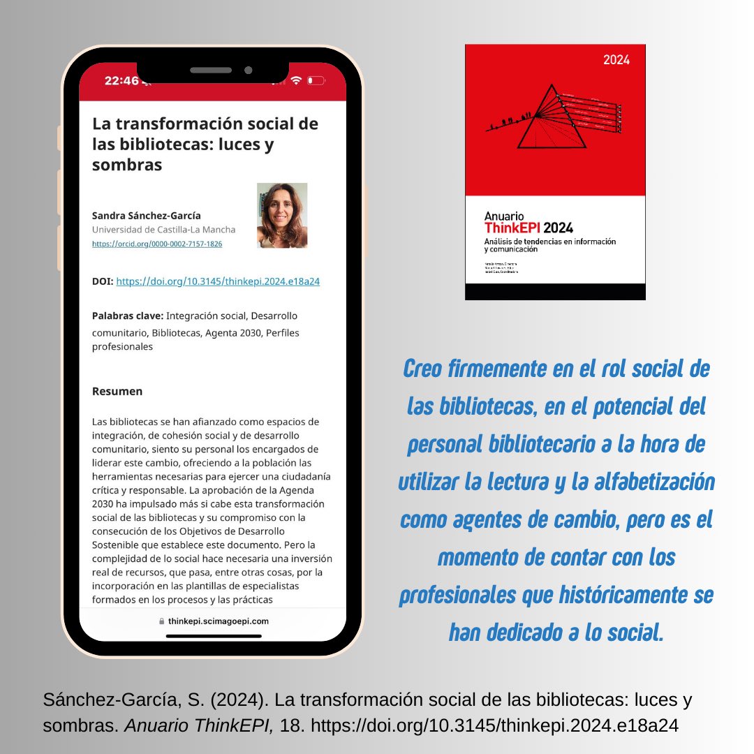 Sandra Sánchez García (@sandrabibl) on Twitter photo Nueva colaboración para Anuario  <a href="/thinkepi/">thinkepi</a> : La transformación social de las bibliotecas: luces y sombras. 
Reflexión en torno al rol social de las bibliotecas y los profesionales que deberían participar en estas iniciativas. 
#Agenda2030 #ODS 
🔗 doi.org/10.3145/thinke… Nueva colaboración para Anuario  <a href="/thinkepi/">thinkepi</a> : La transformación social de las bibliotecas: luces y sombras. 
Reflexión en torno al rol social de las bibliotecas y los profesionales que deberían participar en estas iniciativas. 
#Agenda2030 #ODS 
🔗 doi.org/10.3145/thinke…