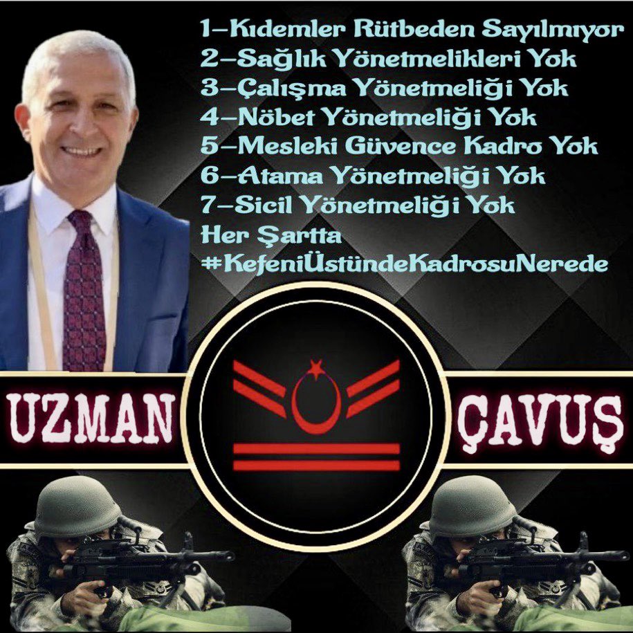 Türkiye Cumhuriyeti’nin ilelebet yaşaması için güçlü bir orduya sahip olmamız, 

Güçlü bir ordu için de

200 bin Uzman Çavuşa verilen ‘kadro’ sözünün bir an evvel yerine getirilmesi şarttır

Kerpiç evlerin çelik yürekli
çocukları 🙋🏻‍♂️

12 Kasım Uzman Çavuşlar Gününüz Kutlu olsun 🇹🇷