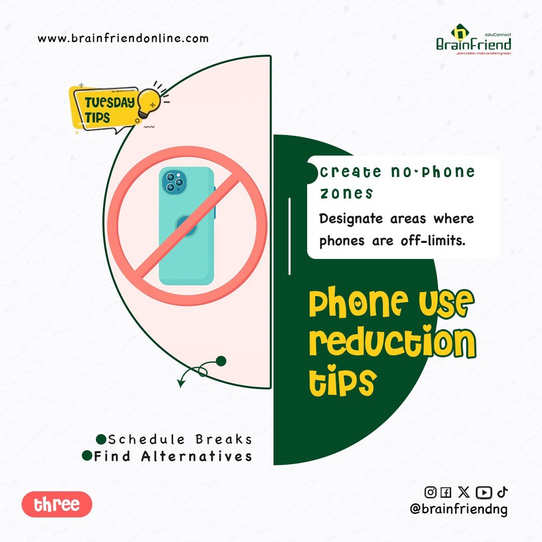 BrainFriendNG's tweet photo. Simple Tips to Cut Down on Phone Usage. 📱✨
#BrainFriend #Tiptuesday #LessScreenMoreLife https://t.co/CUSQ8jiXdO